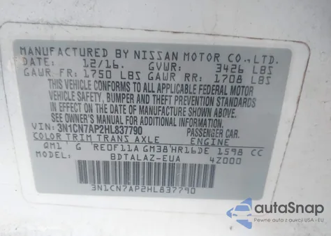 2017 Nissan Versa 1.6 S+ из США, поврежденный, VIN 3N1CN7AP2HL837790